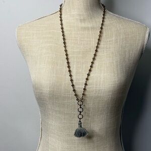 Long Pewter chain necklace with gray tassel